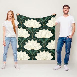 Art Deco lotusbloemen op gouden waaiervormen Fleece Deken