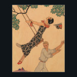 Art Deco Love, The Swing by George Barbier Hout Afdruk<br><div class="desc">illustratie liefde en romance kunst deco afbeelding met een paar flirten, spelen en zorgvuldig in het park tijdens het voorjaar. De vrouw zwaait op een vleugel uit een boom, haar pet valt eraf en ze draagt een mooie bloem met bloeiende bloemen. Het man staat achter haar en duwt haar voorzichtig....</div>