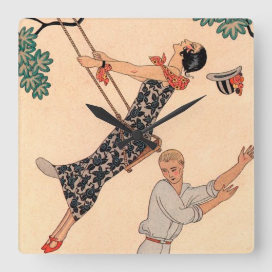  Art Deco Love, The Swing by George Barbier Vierkante Klok (Voorkant)
