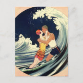 Art Deco Lovers Kiss in The Waves bij Beach Briefkaart (Voorkant)