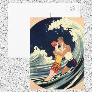Art Deco Lovers Kiss in The Waves bij Beach Briefkaart