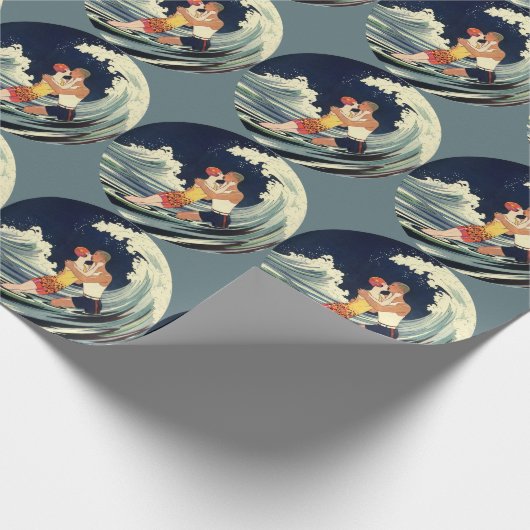  Art Deco Lovers Kiss in The Waves bij Beach Cadeaupapier (Hoek)