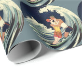 Art Deco Lovers Kiss in The Waves bij Beach Cadeaupapier (Rol Hoek)