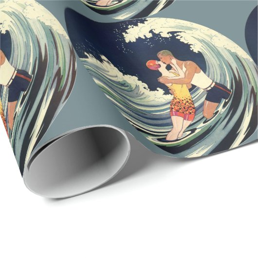  Art Deco Lovers Kiss in The Waves bij Beach Cadeaupapier (Rol Hoek)