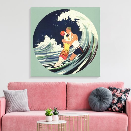  Art Deco Lovers Kiss in The Waves bij Beach Canvas Afdruk (Insitu (Woonkamer))