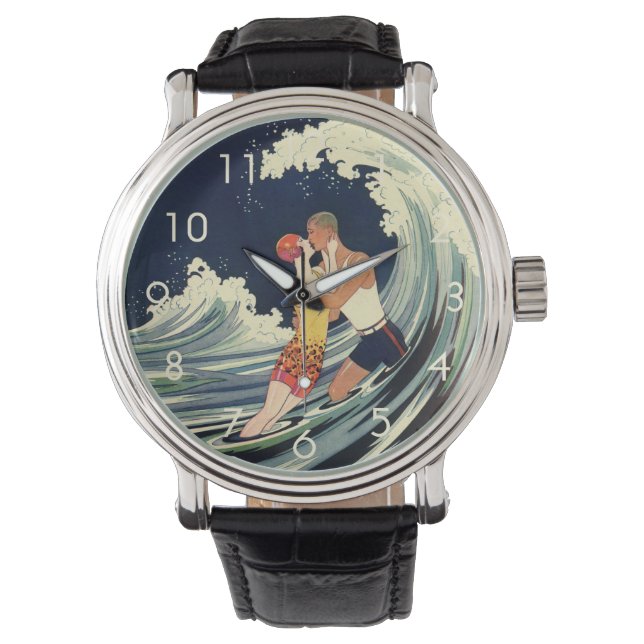  Art Deco Lovers Kiss in The Waves bij Beach Horloge (Voorkant)