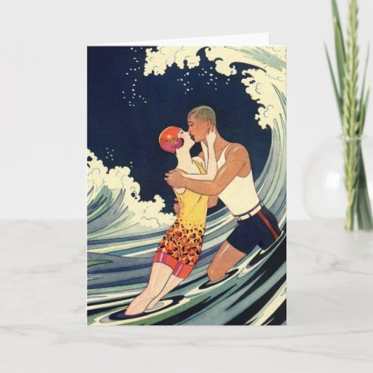  Art Deco Lovers Kiss in The Waves bij Beach Kaart (Voorkant)