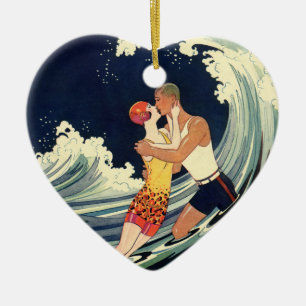 Art Deco Lovers Kiss in The Waves bij Beach Keramisch Ornament
