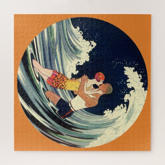 Art Deco Lovers Kiss in The Waves bij Beach Legpuzzel (Horizontaal)