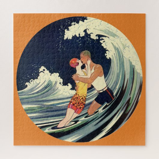  Art Deco Lovers Kiss in The Waves bij Beach Legpuzzel (Verticaal)