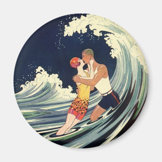 Art Deco Lovers Kiss in The Waves bij Beach Magneet (Voorkant)