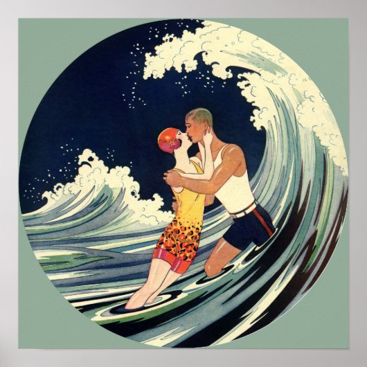 Art Deco Lovers Kiss in The Waves bij Beach Poster (Voorkant)