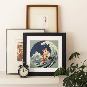 Art Deco Lovers Kiss in The Waves bij Beach Poster