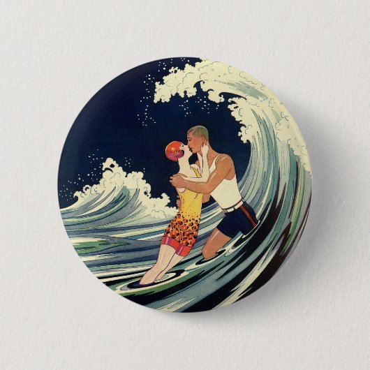 Art Deco Lovers Kiss in The Waves bij Beach Ronde Button 5,7 Cm (Voorkant)
