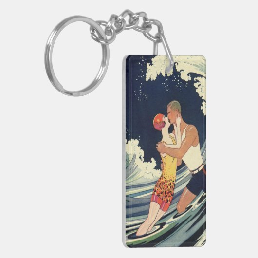 Art Deco Lovers Kiss in The Waves bij Beach Sleutelhanger (Voorkant Links)
