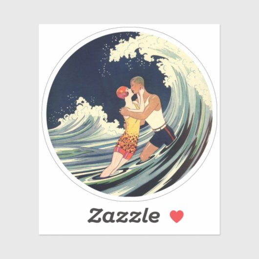  Art Deco Lovers Kiss in The Waves bij Beach Sticker (Vel)
