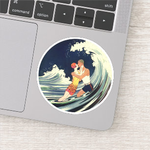  Art Deco Lovers Kiss in The Waves bij Beach Sticker