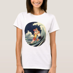 Art Deco Lovers Kiss in The Waves bij Beach T-shirt