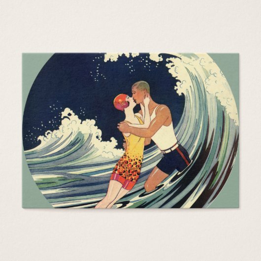  Art Deco Lovers Kiss in The Waves bij Beach Visitekaartje (Voorkant)