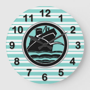 Art Deco Lt Blauw Wht Gestreepte Blk Schip DIY Mar Grote Klok