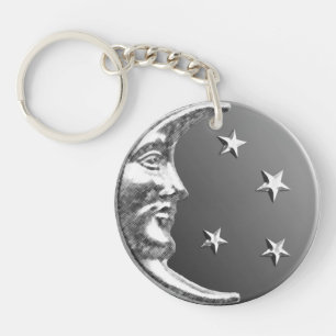 Art Deco Maan en Sterren - Grijs en Zilver Sleutelhanger