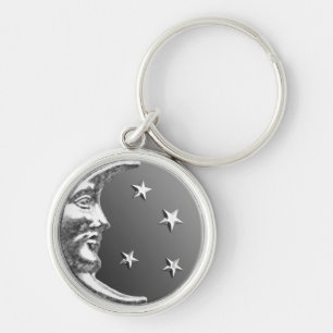 Art Deco Maan en Sterren - Grijs / Zilver Sleutelhanger