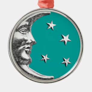 Art Deco Maan en Sterren - Turquoise & Zilver Metalen Ornament