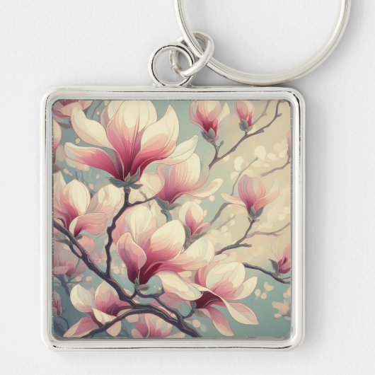 Art Deco Magnolia Bloesem Sleutelhanger (Voorkant)