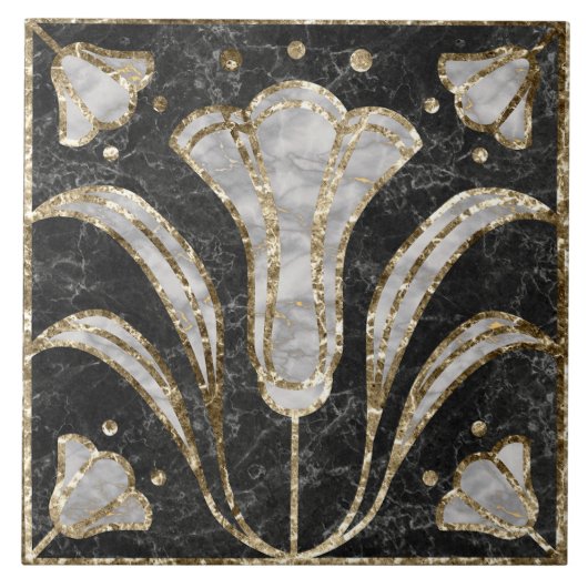 Art Deco Marble Tile Floral. Blauwbloemen Tegeltje (Voorkant)