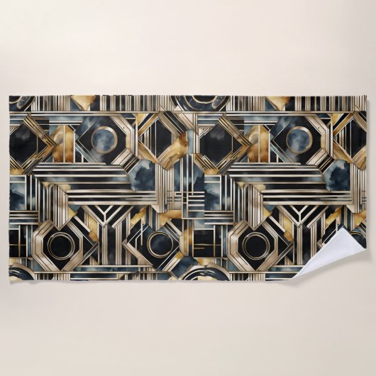 Art-deco marmer Zwart en goud Jazzy Geometric Des Strandlaken (Voorkant)