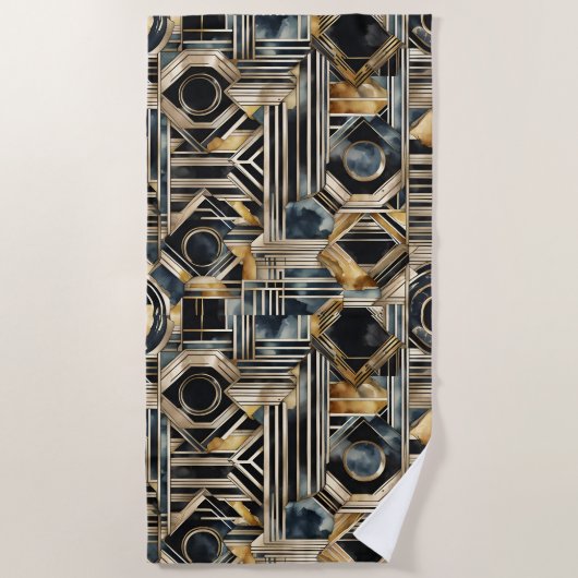 Art-deco marmer Zwart en goud Jazzy Geometric Des Strandlaken (Voorkant)