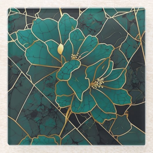 Art Deco Marmeren Mozaïek Bloemen Smaragdgroen & G Glazen Onderzetter (Voorkant)