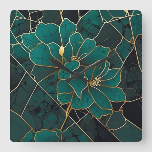 Art Deco Marmeren Mozaïek Bloemen Smaragdgroen & G Vierkante Klok (Voorkant)
