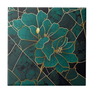 Art Deco marmeren mozaïek bloemmotief smaragdgroen Tegeltje