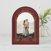 Art Deco Maroon Red Bronze Arch Bewaar de datum Kaart (Staand voorkant)