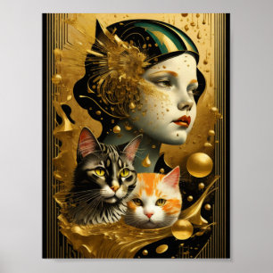 Art Deco Meisje en katten Poster