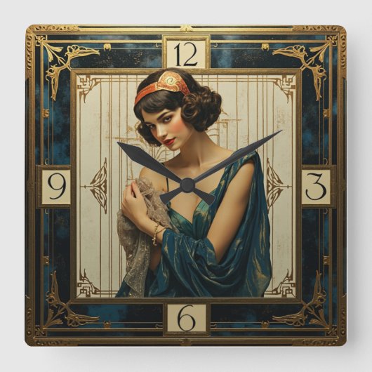 Art Deco Meisje Vierkante Klok (Voorkant)