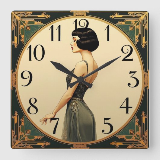 Art Deco Meisje Vierkante Klok (Voorkant)
