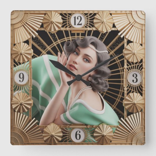 Art Deco Meisje Vierkante Klok (Voorkant)