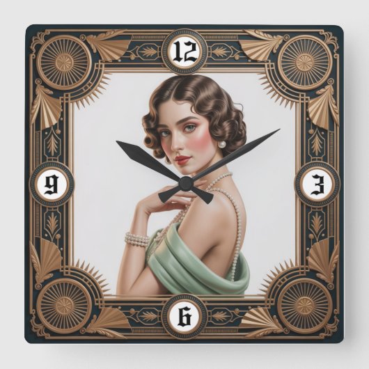 Art Deco Meisje Vierkante Klok (Voorkant)