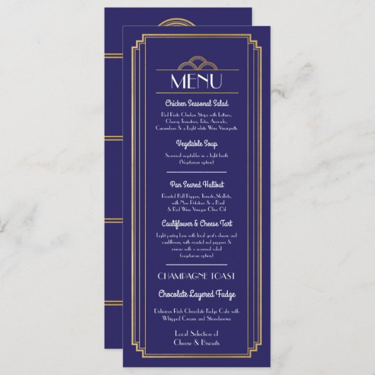 Art Deco Menu Gold Navy Wedding 1920 (Voorkant / Achterkant)