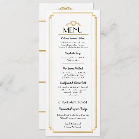 Art Deco Menu Gold White Weduwen Reception Kaart (Voorkant / Achterkant)