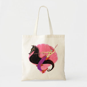 Art Deco Mermaid over Black Seahorse Tote Bag