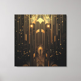Art Deco Metallic Gold Rain on Black Stylish Canvas Afdruk