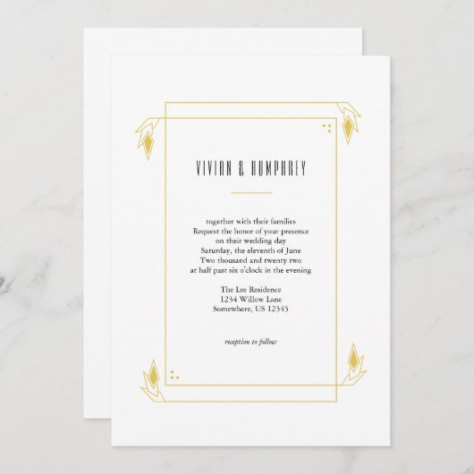Art Deco Minimaal Gouden Gele Trouw Uitnodiging (Voorkant / Achterkant)