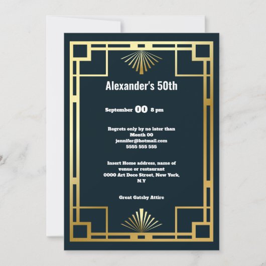 Art deco minimalistisch effen blauw goud gatsby th kaart (Voorkant)