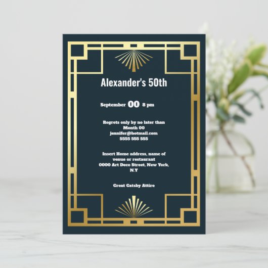 Art deco minimalistisch effen blauw goud gatsby th kaart (Staand voorkant)