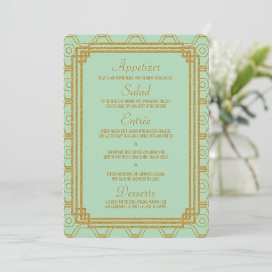 Art Deco Mint Bruiloft Menu (Staand voorkant)