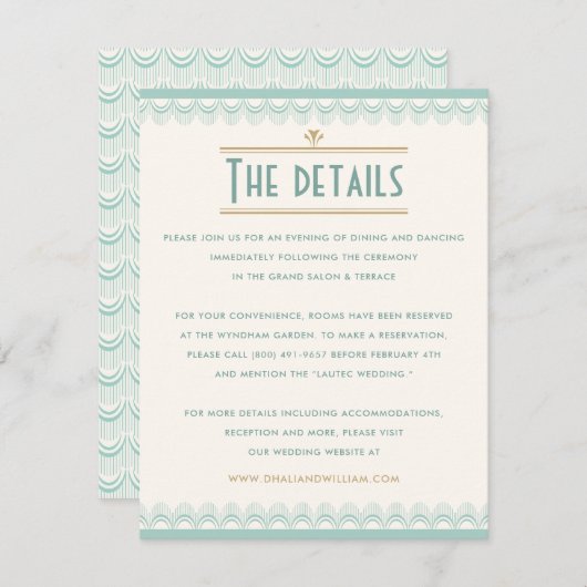Art Deco  Mint en Gold Wedding Details Informatiekaartje (Voorkant / Achterkant)