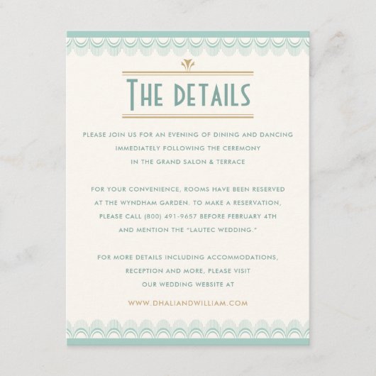 Art Deco  Mint en Gold Wedding Details Informatiekaartje (Voorkant)